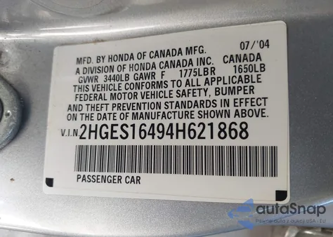 2004 Honda Civic Vp из США, поврежденный, VIN 2HGES16494H621868